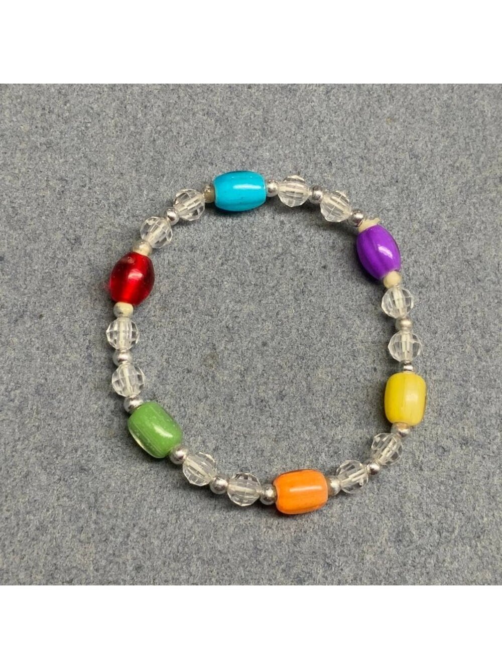 Rainbow Stretch Bracelet 7 In Multicolor Clear Beads Silver Fun Pride Retro 80s